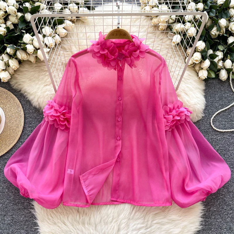 Petal Sweet Blouse Women Clothes 2025 Camisas De Mujer Stand Neck Lantern Sleeve Shirts Loose Vintage Single Breasted Blouses