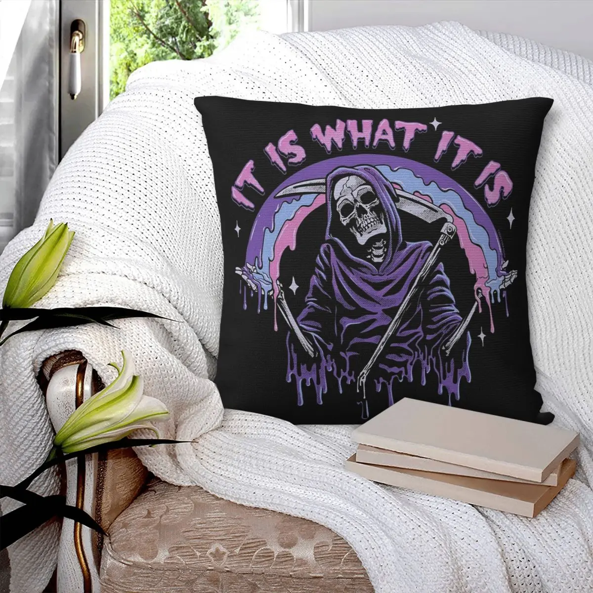 Death It Is What It Is Pastel Goth Grim Reaper Drip Square Pillowcase Pillow Cover Cushion Comfort Throw Pillow for Home Bedroom