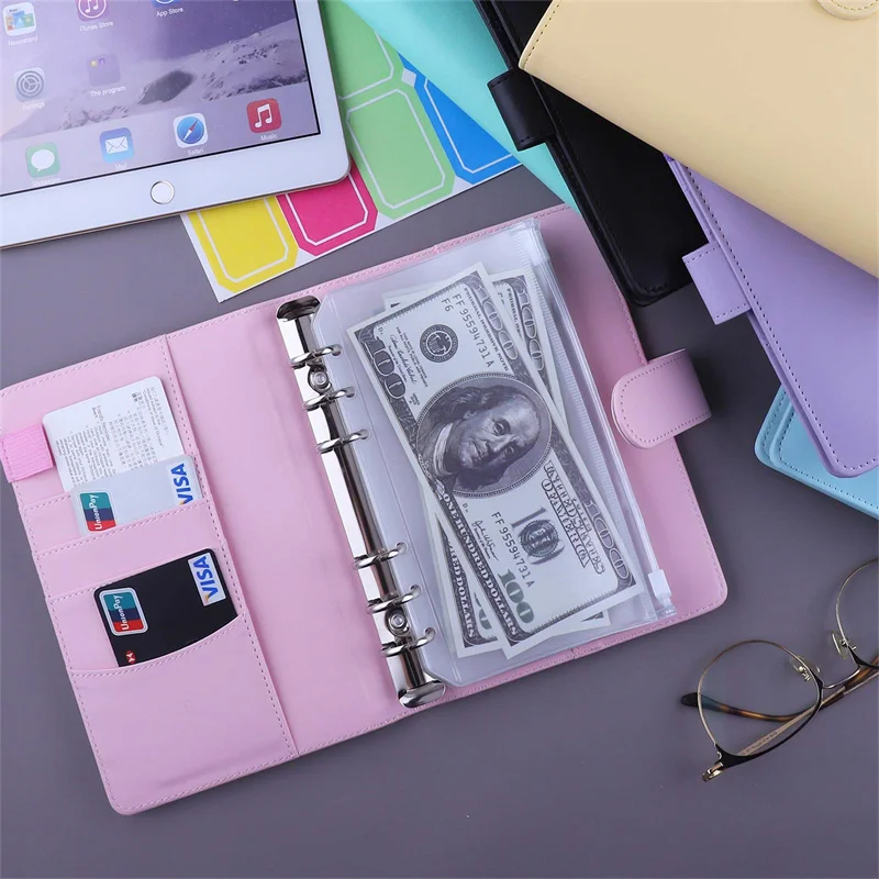 A6 Budget Binder Planner With 12 Pieces Cash Envelopes Colorful PU Leather Notebook Binder With 12 PCS A6 Binder Pockets