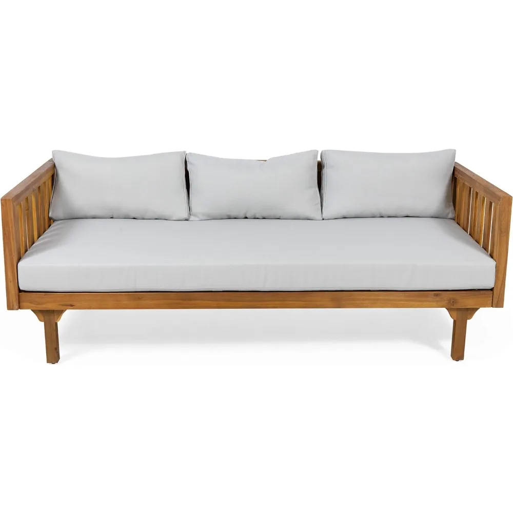 

Outdoor 3 Seater Acacia Wood Daybed, Teak Finish, Light Grey