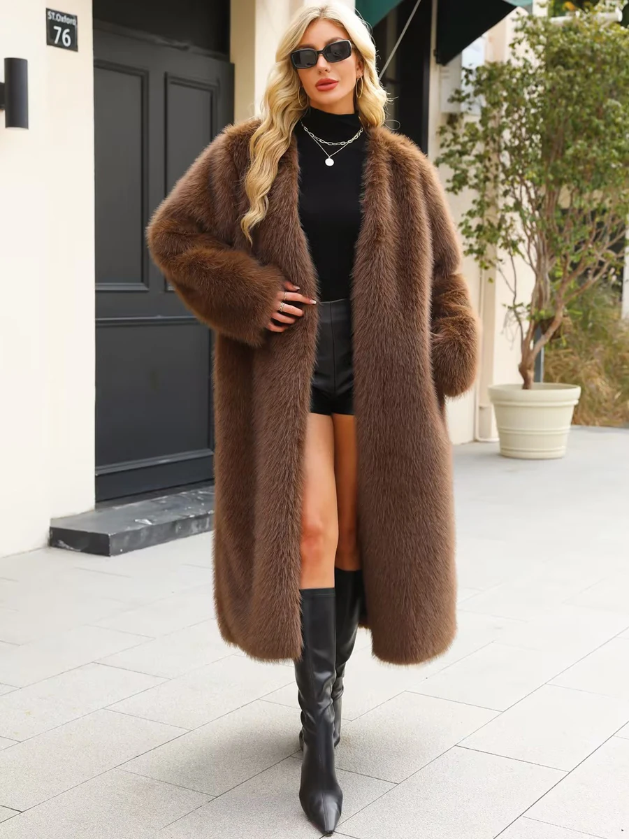 Warm Thick Women Faux Fur Long Coat Solid Luxury V Neck Fluffy Fur Jacket Long Loose Casual Outerwear Winter Fashion Clothes