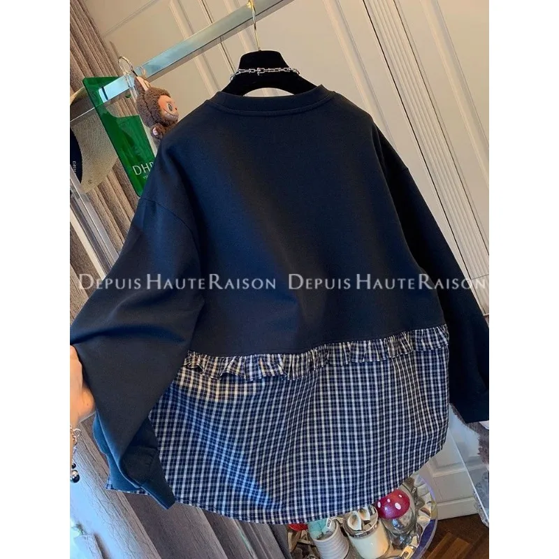 

2025 Women's New Style Spliced pullover Round Neck Plaid Fashion Loose and Versatile Casual Long-sleeved Top