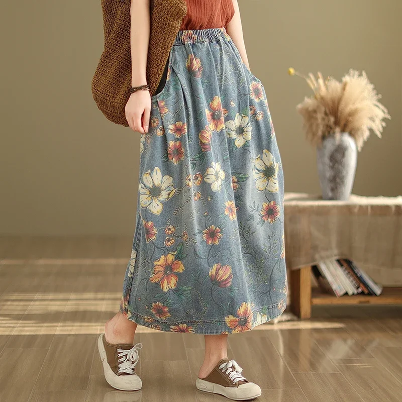 2024 New Arrival Spring/summer Women Loose Casual Elastic Waist Floral Print Cotton Denim Straight Ankle-length Skirt