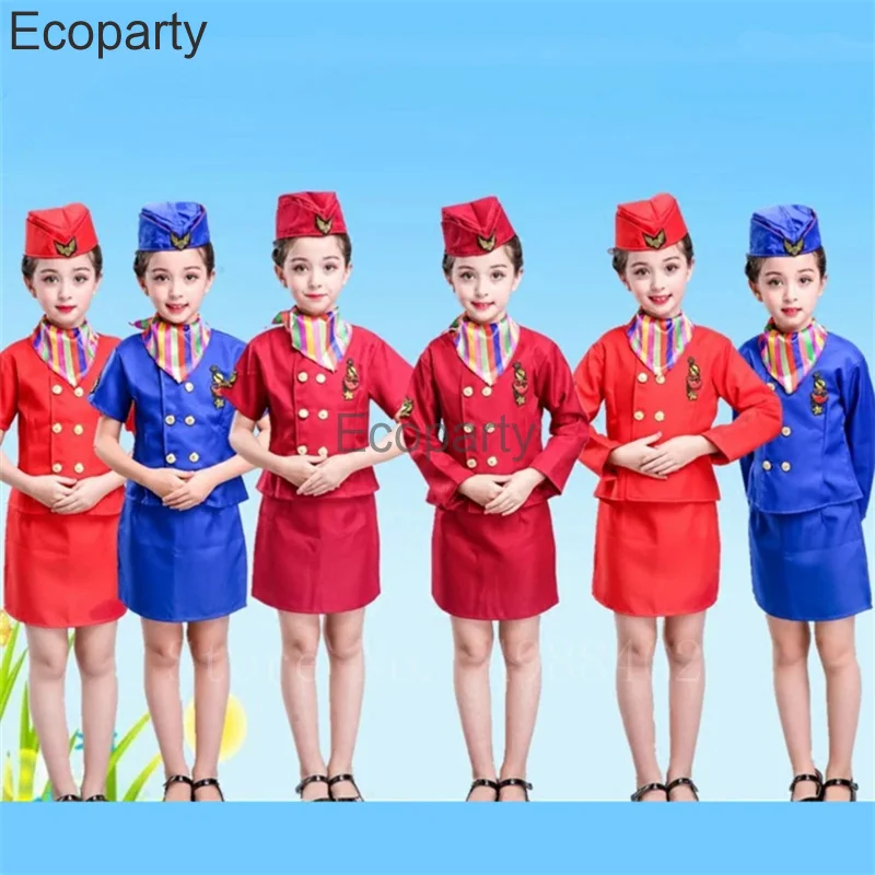 New Flight Attendent Cosplay Costume For Girls Boys Aircraft Commander Uniform Suit Kids Halloween Party Performance Clothing