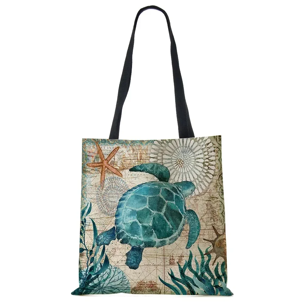 Tote Bag Seahorse Turtle Octopus Print borse a tracolla da viaggio borse per la spesa in lino ecologico per donna con stampa