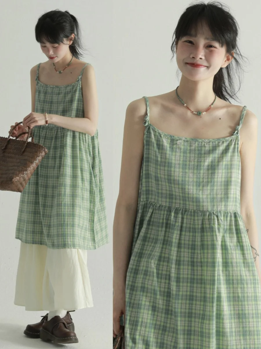 Sweet Girl Fresh Plaid One-shoulder Sleeveless Suspender Dress Female Summer Backless Casual Slimming Mid-length Camisole Dress