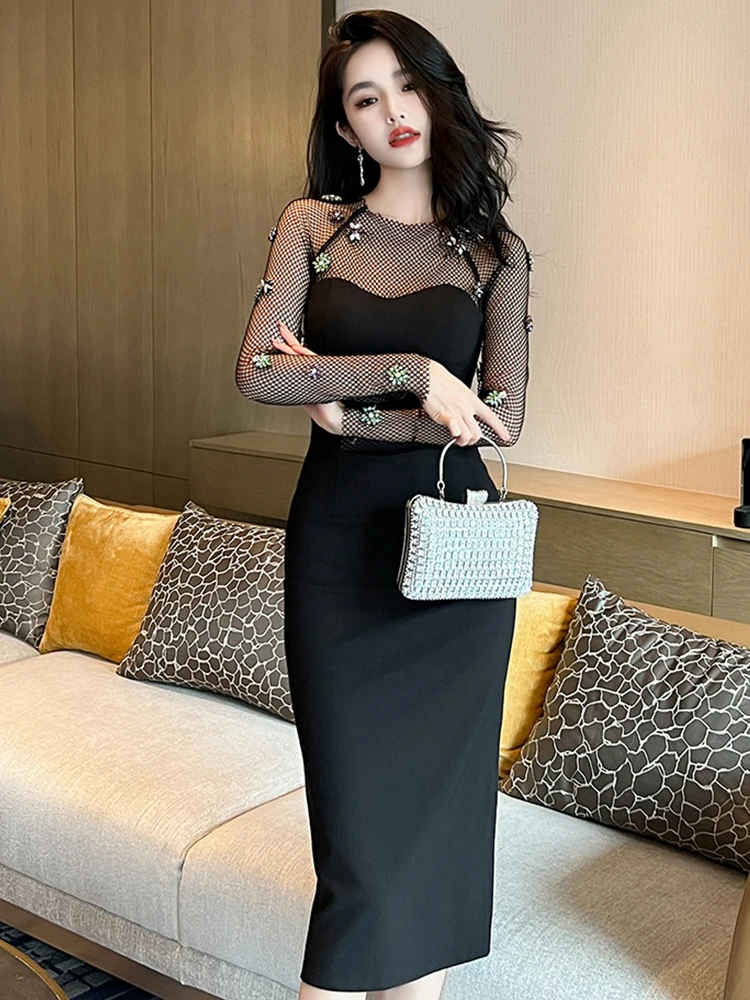 Fashion Autumn Winter Black Long Evening Dress Women Ladies Clothing Hollow Sexy Skinny Midi Party Robe Mujer Stretchy Vestidos