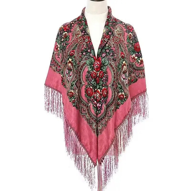 130*130cm Russian Style Floral Print Square Scarf Big Size Bandana Handkerchief Ukrainian Scarves Fringed Shawl Babushka Hijab