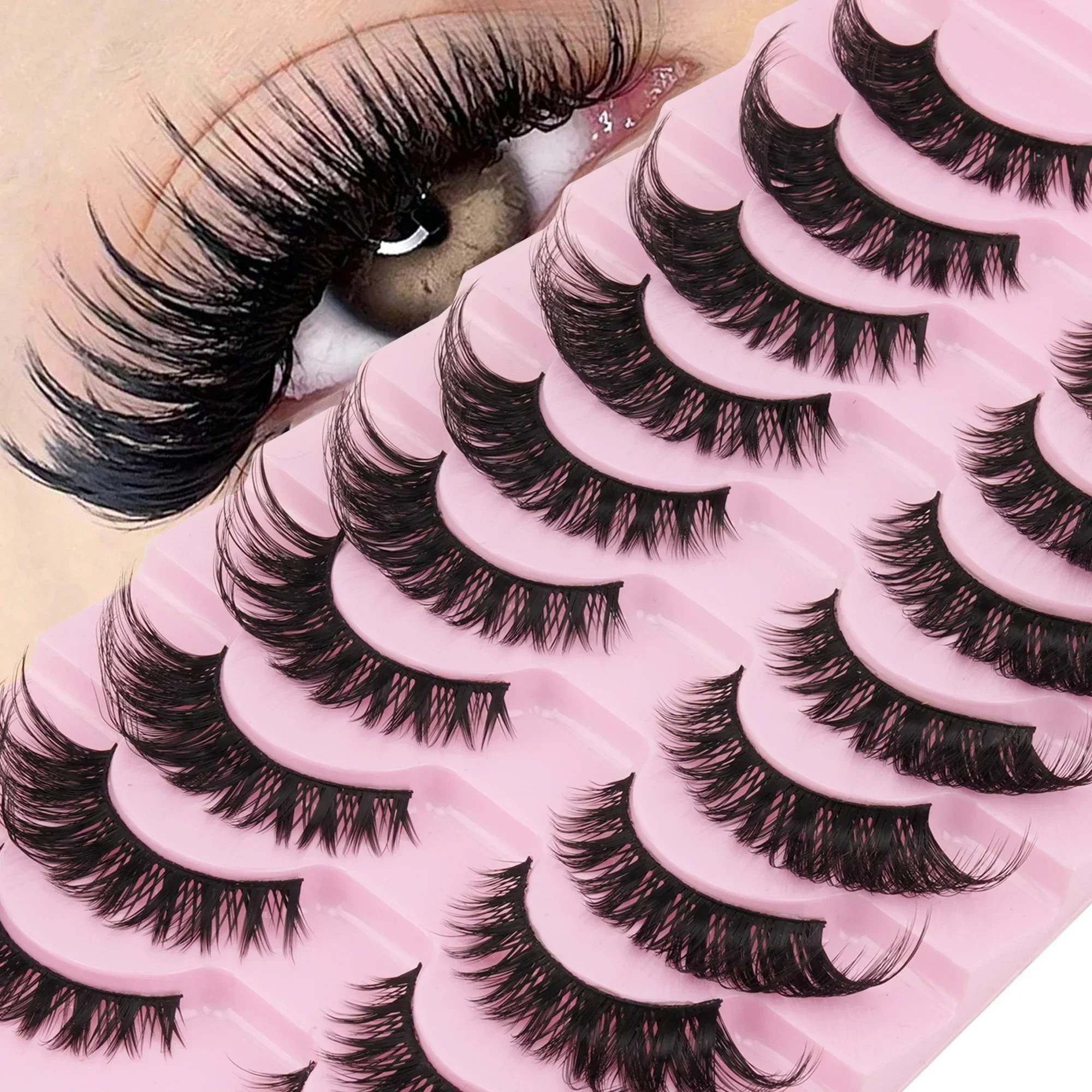 10Pairs Fox Eye False Eyelashes, Winged Cat Eye 3D Faux Mink Strip Lashes, Wispy Fluffy Reusable Fake Eyelashes For Party Makeup