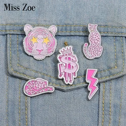 Pink Series Enamel Pins Custom Flowers Lightning Stars Tiger Dollars Brooches Lapel Badges Cartoon Funny Jewelry Gift for Friend