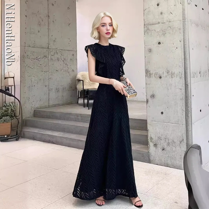 エレガントなレーススプライシング刺繍イブニングドレス女性のノースリーブ中空ソリッドロングウェディングパーティードレス