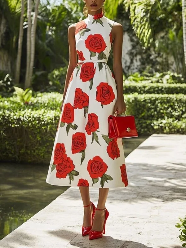 Modigirl 2025 New Woman Flower Print Midi Dresses Summer Skinny Stand Collar Elegant Vintage Romantic Evening Dress for Women