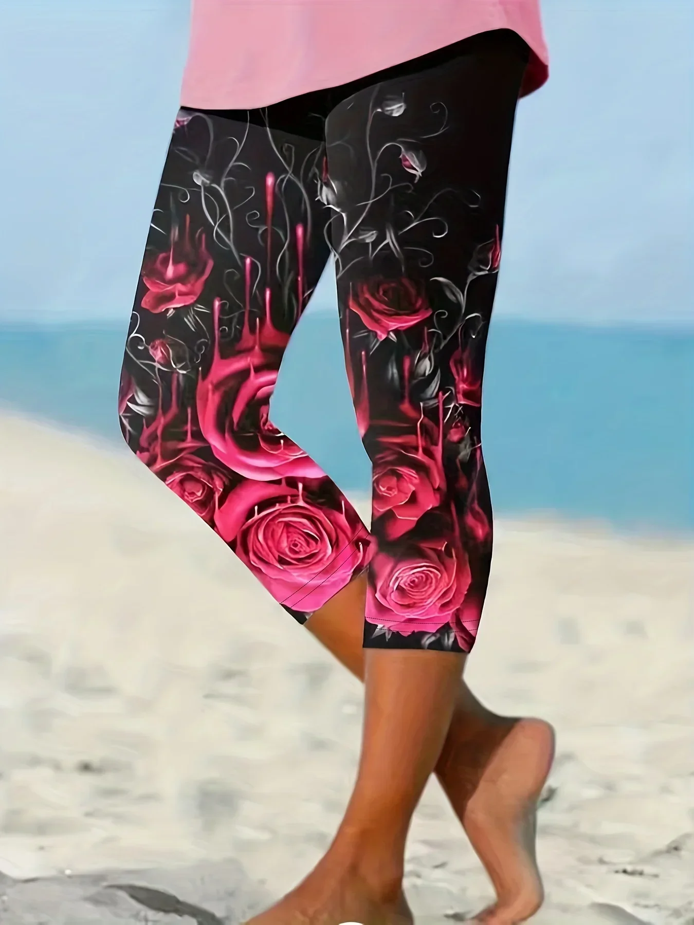 Plus Size 1XL-5XL Women\'s Fashion Home Leggings Women\'s Yoga Pants Floral Print Casual Seven-quarter Leggings