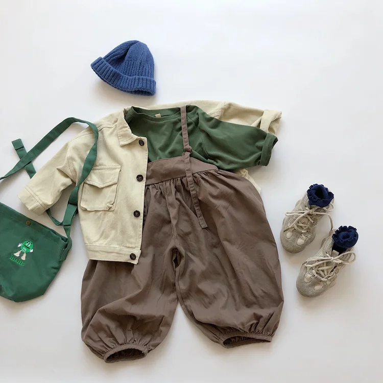 2024 Autumn Childrens Girls Hemp Cotton Sling Pants Loose Retro Solid Versatile Baby Girls Overalls Kids Girls Suspender Pants