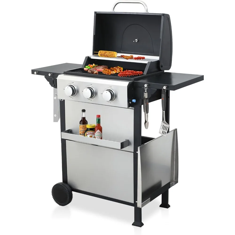 BBQ Grill, 3 Burner Griddle & Grill Combo with Enameled Cast Iron Grate, Propane BBQ Grill with Foldable Side Table