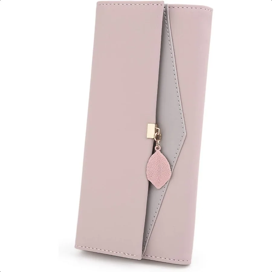 

RFID Wallet for Women PU Leather Leaf Pendant Card Holder Phone Checkbook Organizer Zipper Coin Purse