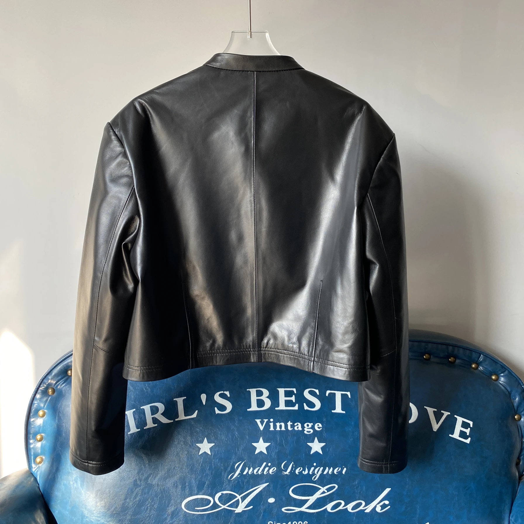 Primavera 2025 feminino faionable ort cordeiro couro jaet longo sve redondo ne bla outerwear tamanho pequeno corte reto sle