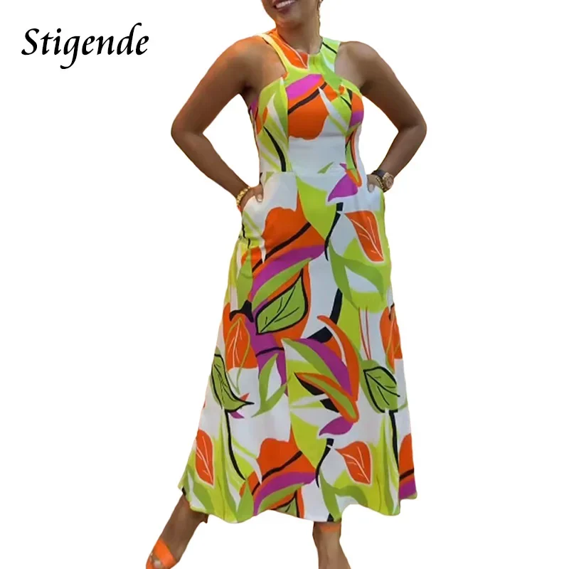 Stigende Bohemian Leaves Print Sleeveless Long Dress Women Back Zipper Fit and Flare a Line Sundress