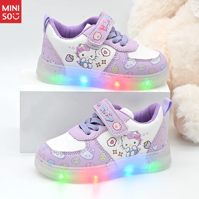 

Miniso Light Up White Sneakers for Girls 1-3, Cartoon Soft Sole First Walkers Shoes