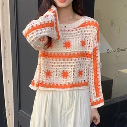 Long Sleeve Crochet Top Granny Square Open Knit Crop Sweater Pullover Jumpers for Women Boho Beach Vacation Outfit