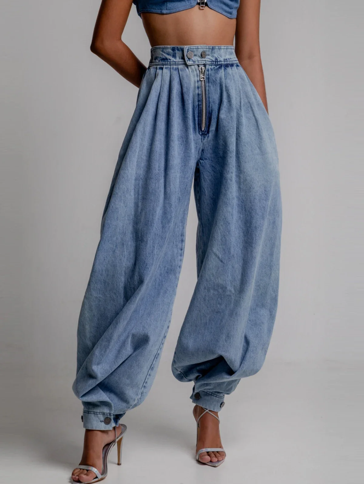 Women's Vintage High Waist Zipper Denim Loose Harem Balloon Pants Pocket Spring Daily Casual Fashion Streetwear Denim Trousers