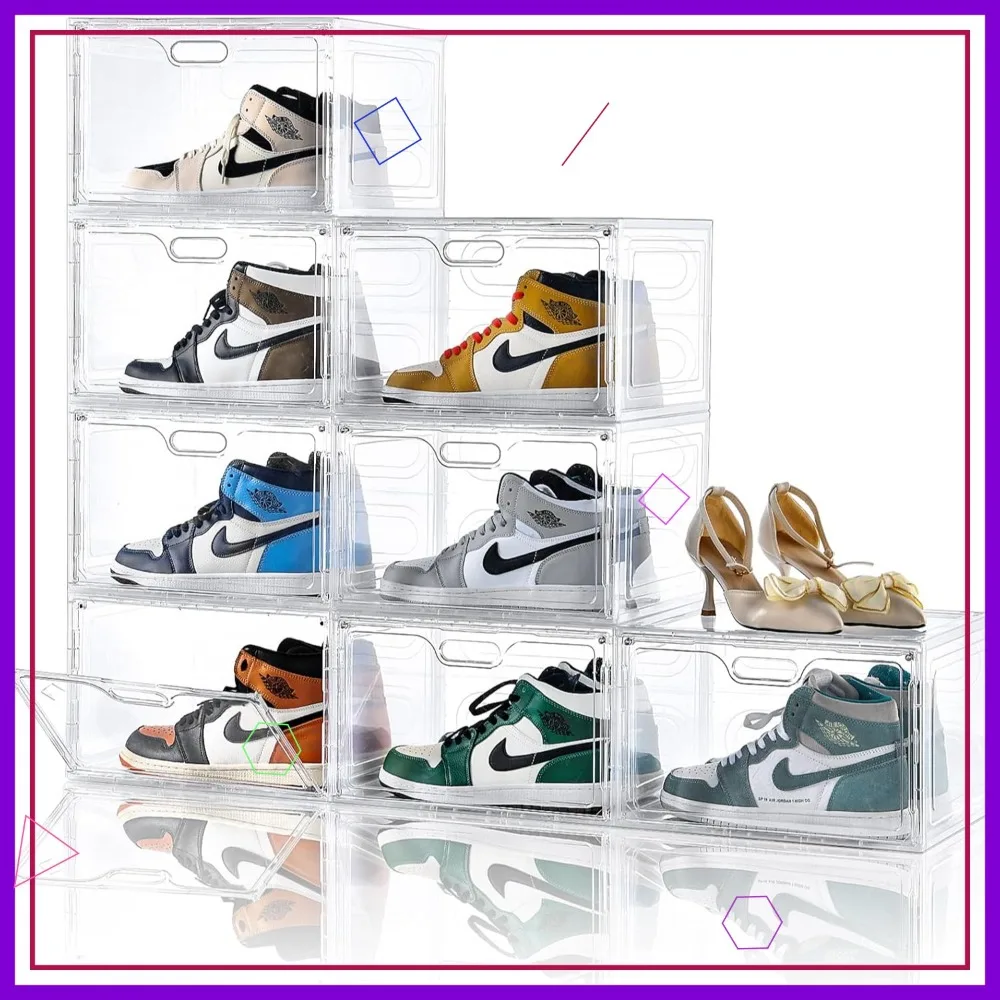 

8 Pack Clear Plastic Stackable Shoe Boxes with Lids, Large Storage Organizer for Sneakers up to US Size 13