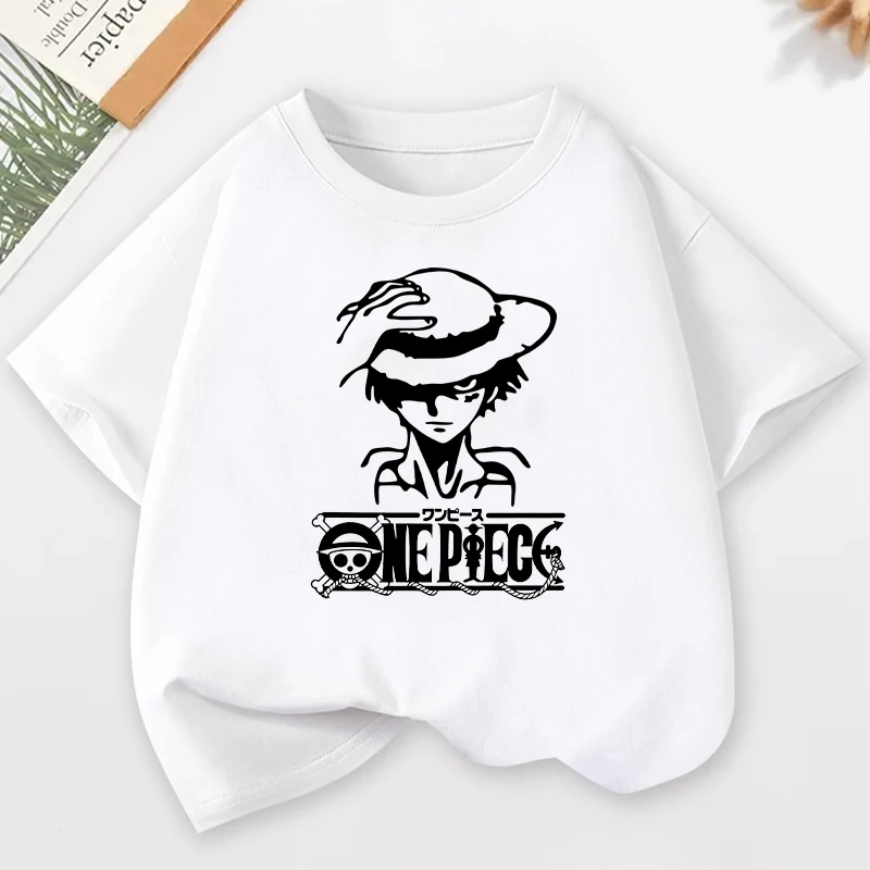 

ONE PIECE Cartoon Child Cotton T-shirt Anime Character Print Short Sleeve Tops Boys Summer Casual Clothing Crew Neck Tees Gifts