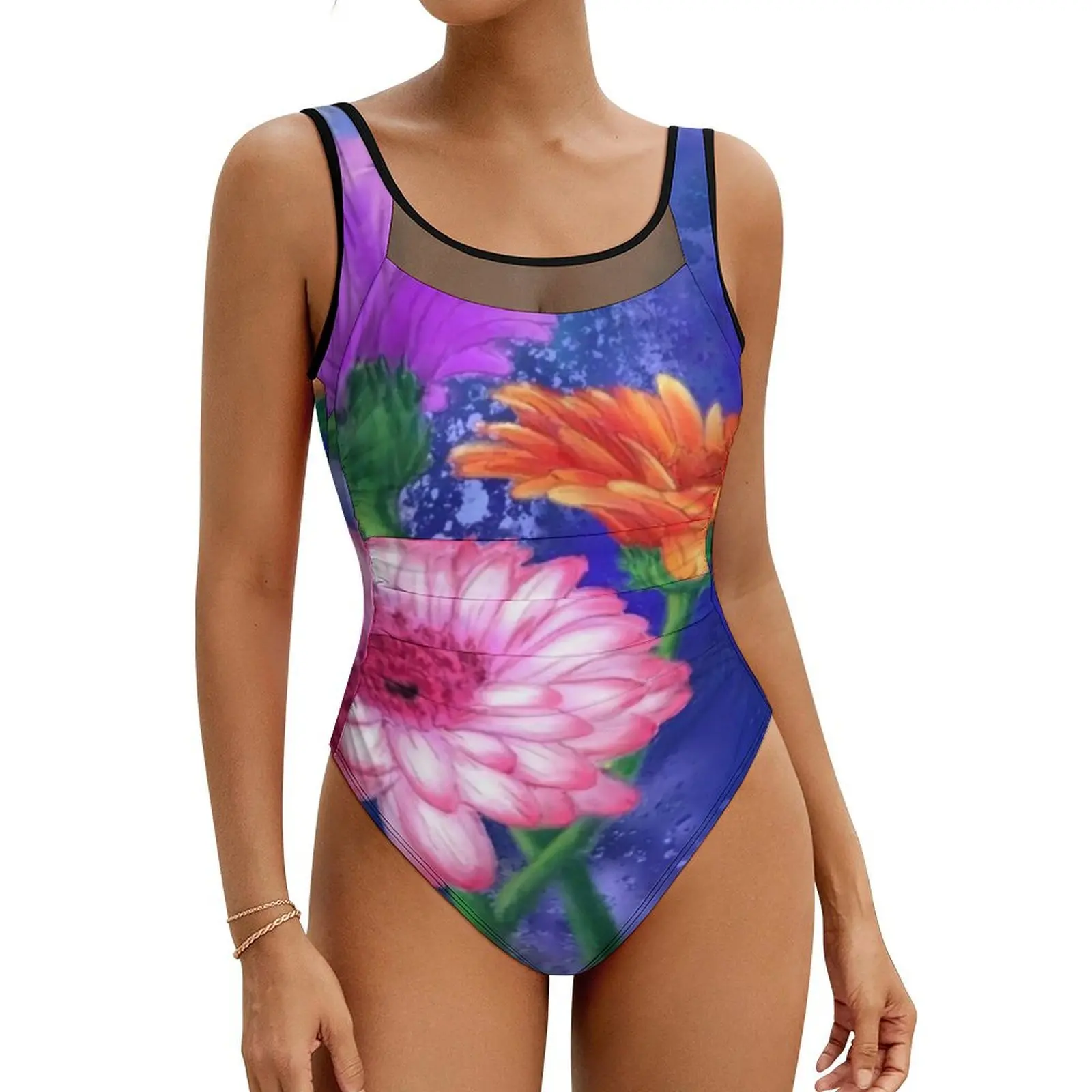 Floral Art Swimsuit Three Color Gerberas One-Piece Swimwear Push Up Stylish Monokini Sexy Surfing Custom Swimsuits