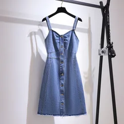 Plus Size 150Kg Women's Summer Button Denim Straps Dress Bust 150cm 5XL 6XL 7XL 8XL 9XL Lloose Temperament Suspender Dress Blue