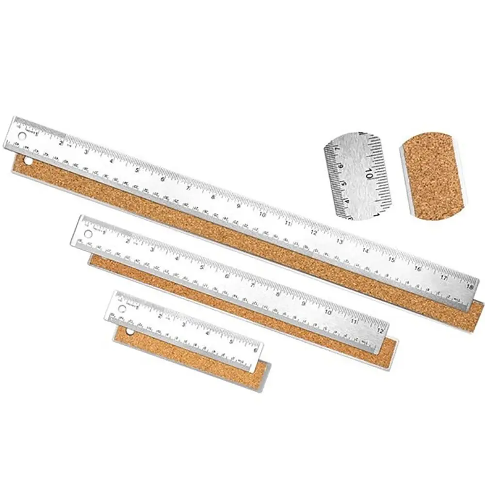 3pcs Portable Durable Stainless Steel Ruler Non-slip Woodworking Cork Base Rulers Accurate Straight Edge Ruler