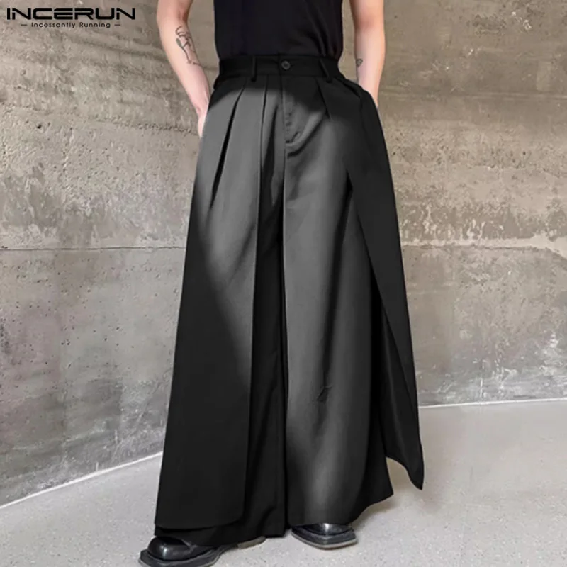 2024 Men Irregular Pants Solid Color Button Joggers Loose Wide Leg Trousers Men Streetwear Fashion Casual Skirts Pants INCERUN