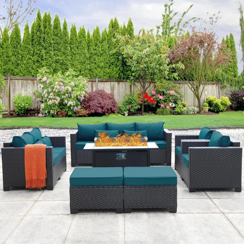 7-Piece Outdoor Furniture Sets Patio Couch Outdoor Chairs Outdoor Propane Fire Pit Table No-Slip Cushions and Waterproof Covers