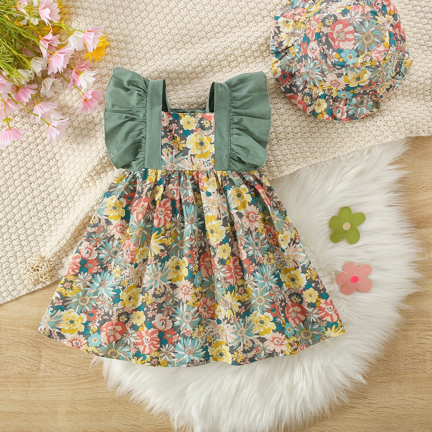 Baby Girl Summer Dress Gift Hat New Sweet Flowers Fashionable Casual Beach Vacation Outfit Baby Clothing 9 Months - 3 Years