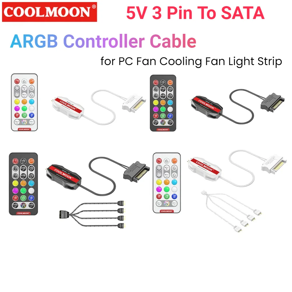 ARGB Controller 5V 3pin To SATA RGB Remote Controller 1 to 4 Sync Motherboard Extension Cable for PC Cooling Fan Light Strip