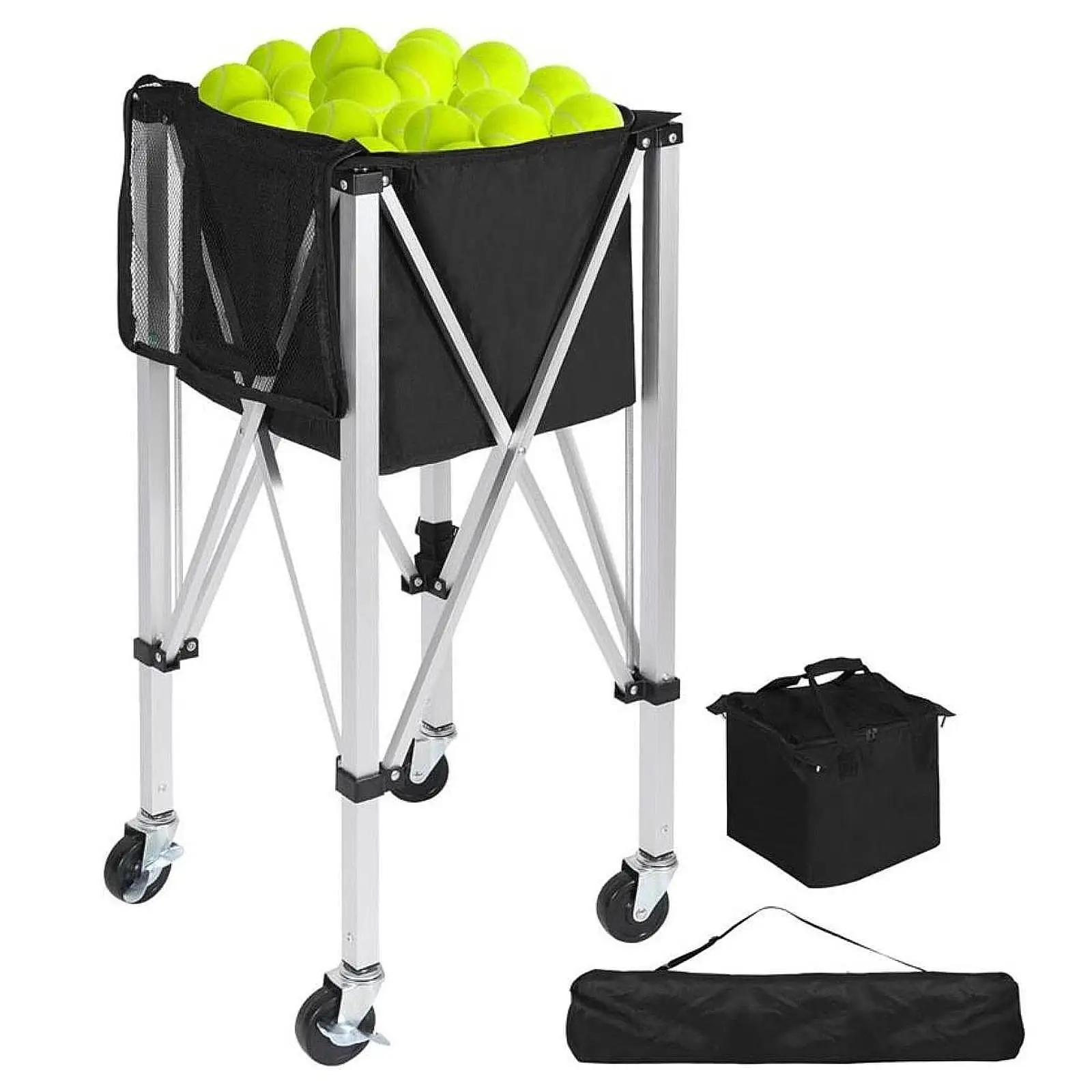 

Tennis Ball Cart with 360° Rotation Wheels Practical Sturdy Foldable Tennis Ball Basket Cart with Bag for Club Gym School