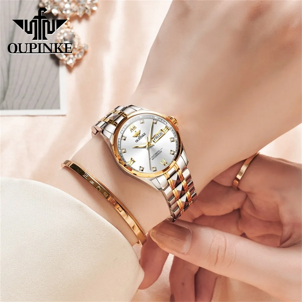 OUPINKE 3262 Luxury Women Automatic Mechanical Watch Classic Diamond Roman Scale Sapphire Mirror Bracelet Dress Watch Women Gift