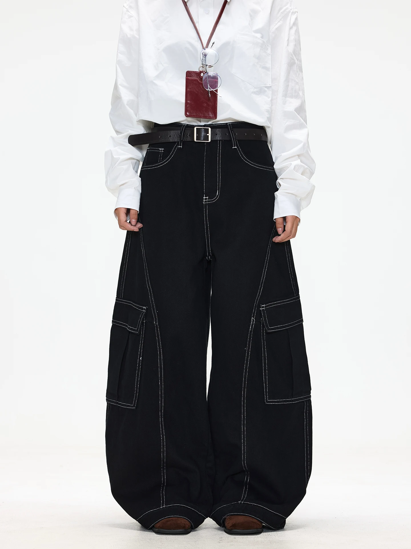 

Chen Zhanlao Store American Retro Design Multi-ket Work Pants Women Loose Wide Leg Straight Denim Jeans Casual Pure Color