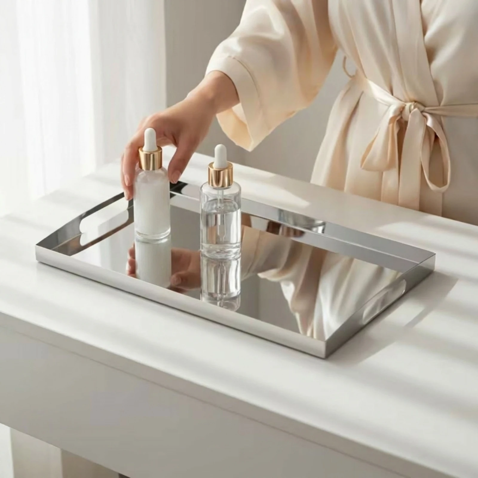 Storage Food Tray - Roestvrijstalen dienblad met spiegelafwerking en handgrepen,