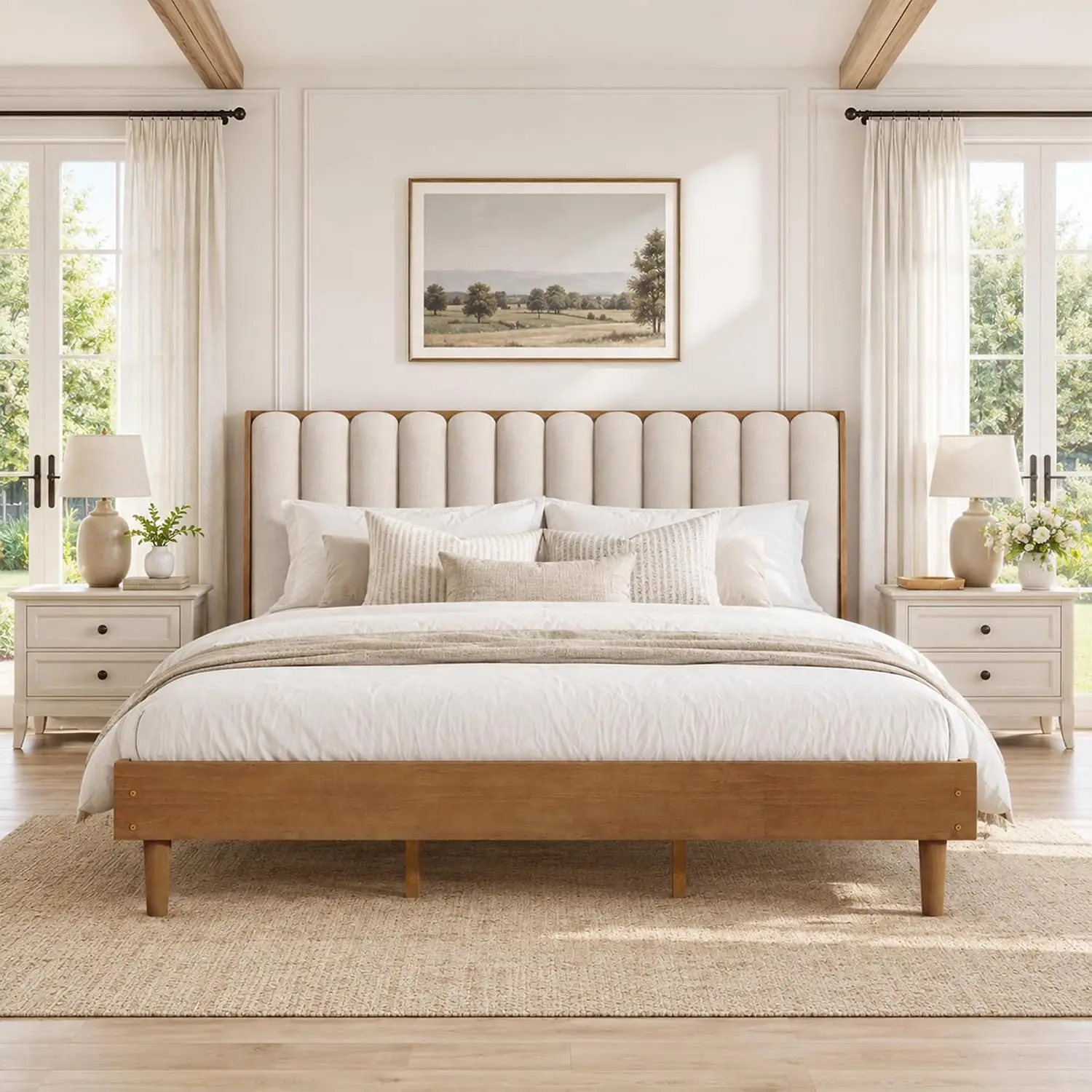 Ivory King Bed Frame Vertical Channel Upholstered Headboard Wheat, Customized