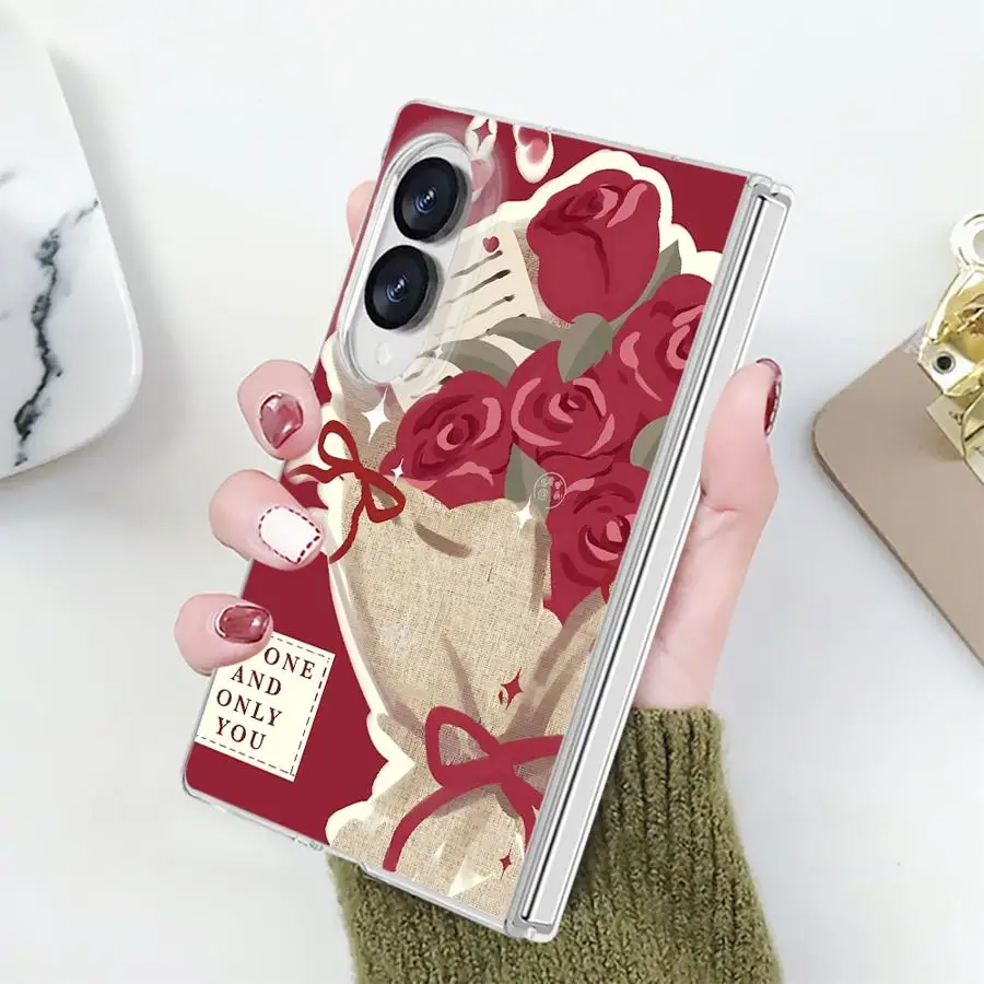 Transparent Phone Cover Case for Samsung Galaxy Z Fold 8 PC Hard Luxury ZFold8 ZFold 8 Vintage Red Rose Card