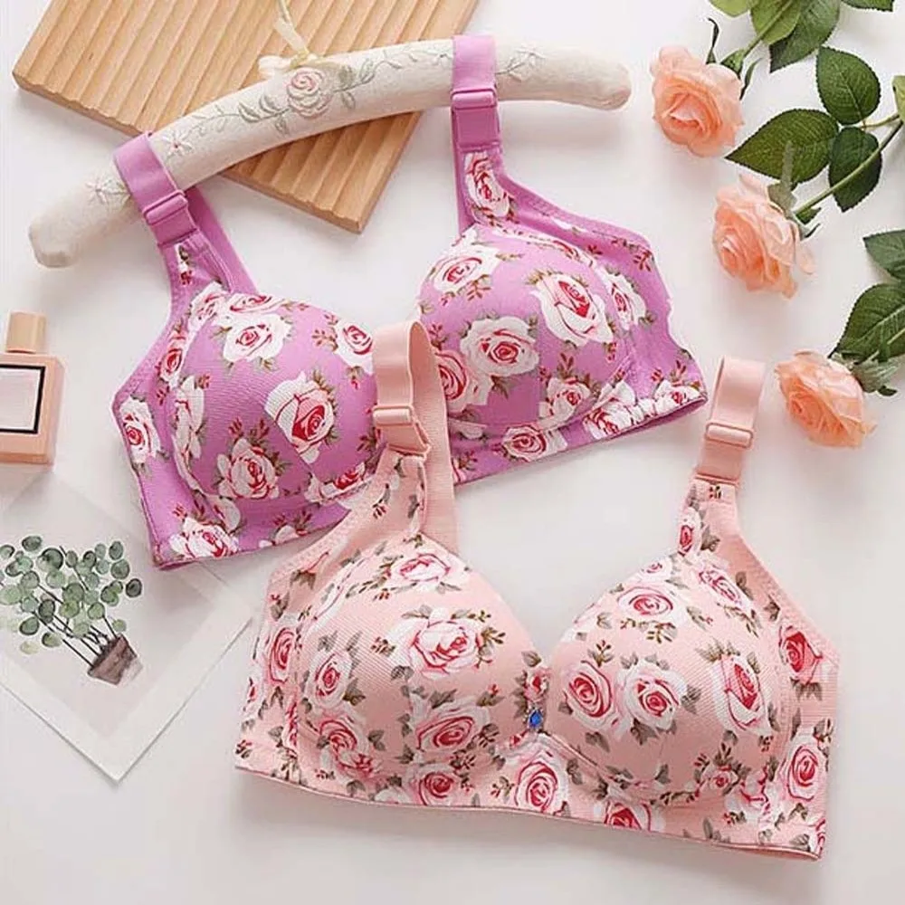 

Plus Size Elderly Mothers Flower Bra Close-fitting Rose Printed Lace Women's Underwear Lingerie Shockproof Wireless Deep V Bra