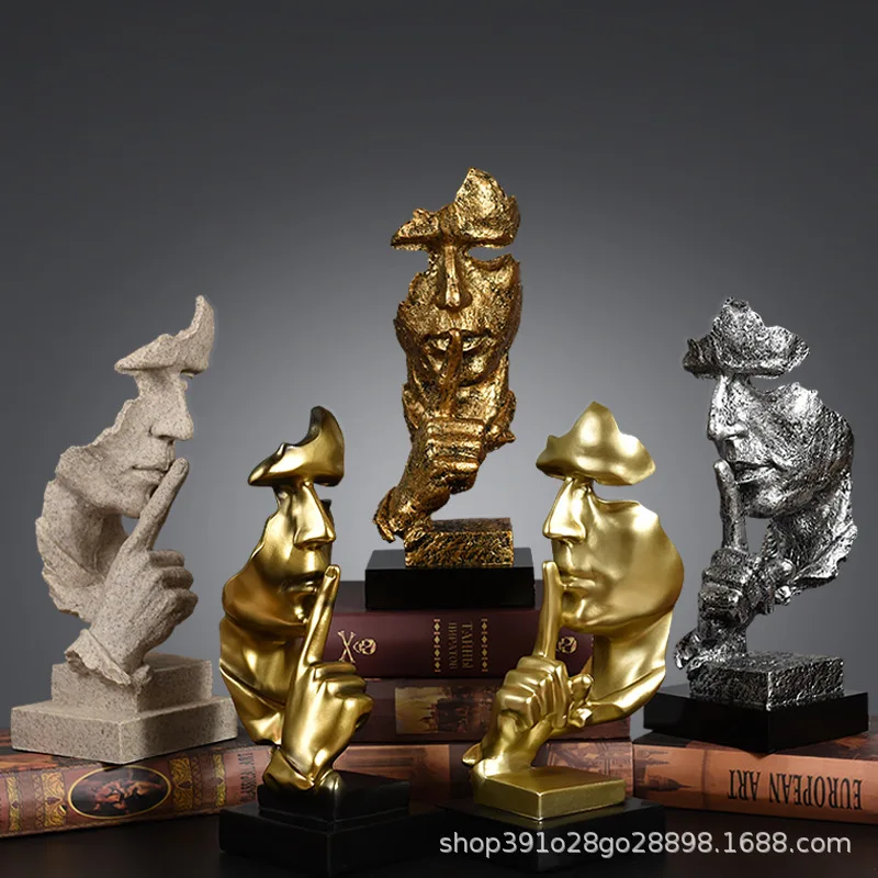 

Thinker Statue Home Decor Sculpture Silence Is Gold Figurines Resin Retro For Office Study Living Room Abstract Face Ornaments