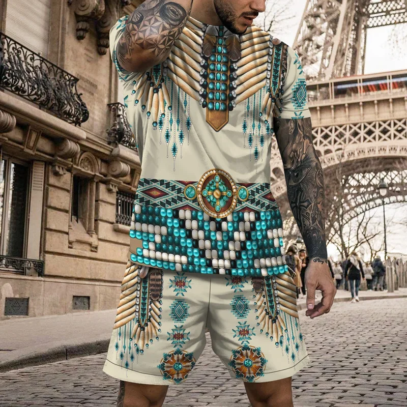 

Summer 2025 Street Ethnic Style Printed Men's T-shirt Shorts 2-piece Casual Set 3D Oversized Round Neck Sportswear