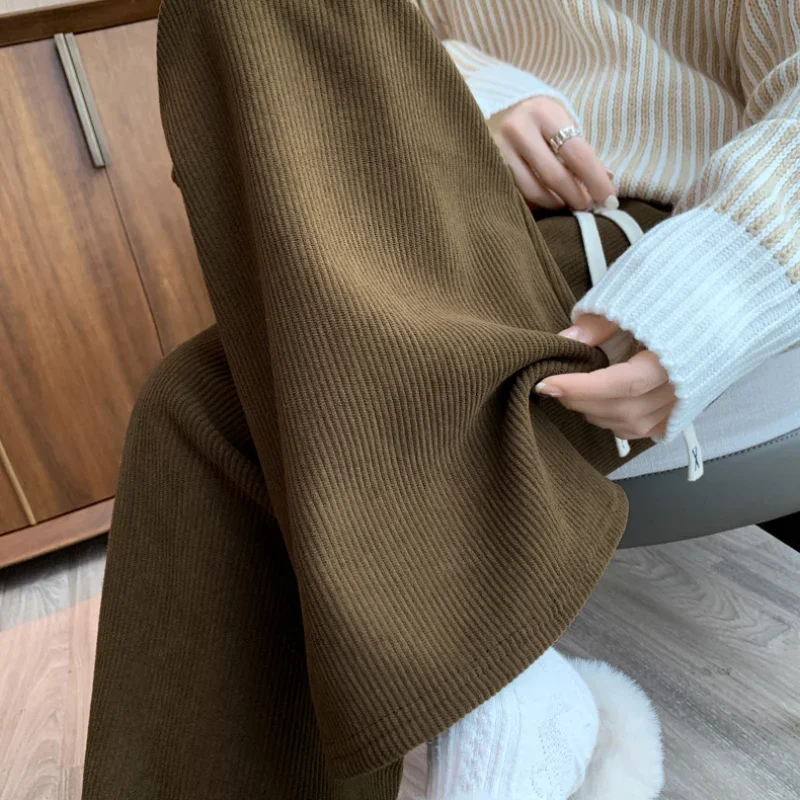 طويل بنطال ذو قصة أرجل واسعة النساء الخريف الشتاء عالية الخصر فضفاضة سليم سروال قصير مستقيم الرباط موضة عادية بسيطة تناسب الصلبة لطيف