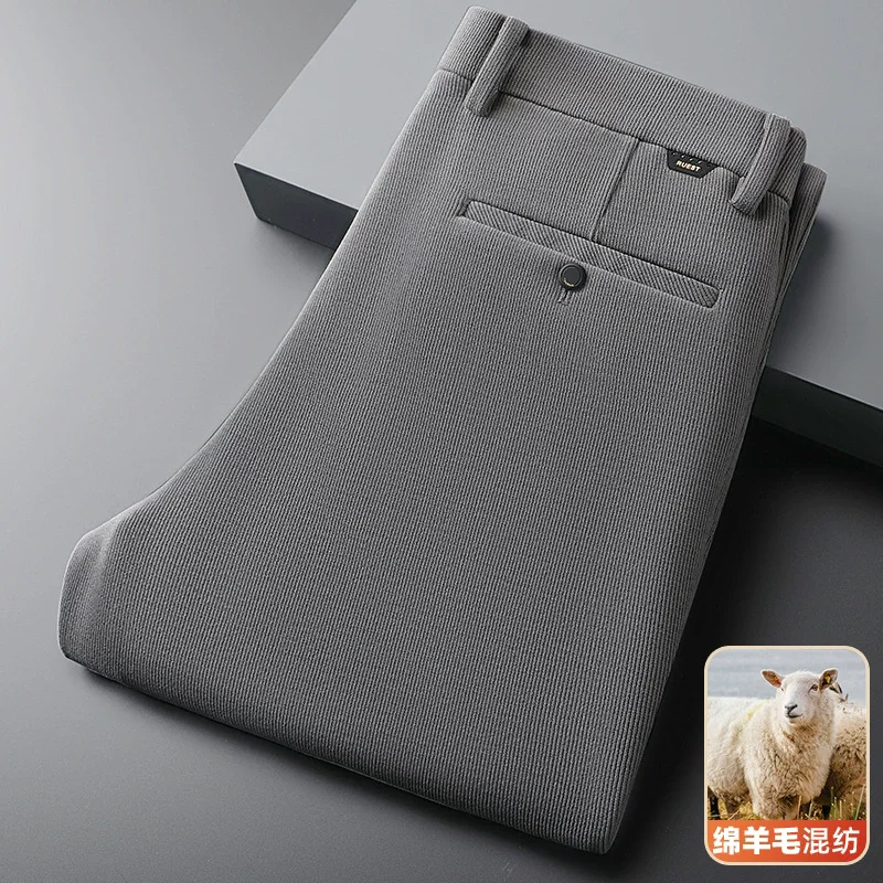 

Thicken Autumn Winter Corduroy Mens Pants Straight Stretch Black Blue Warm Business Causal Pants Trousers for Male