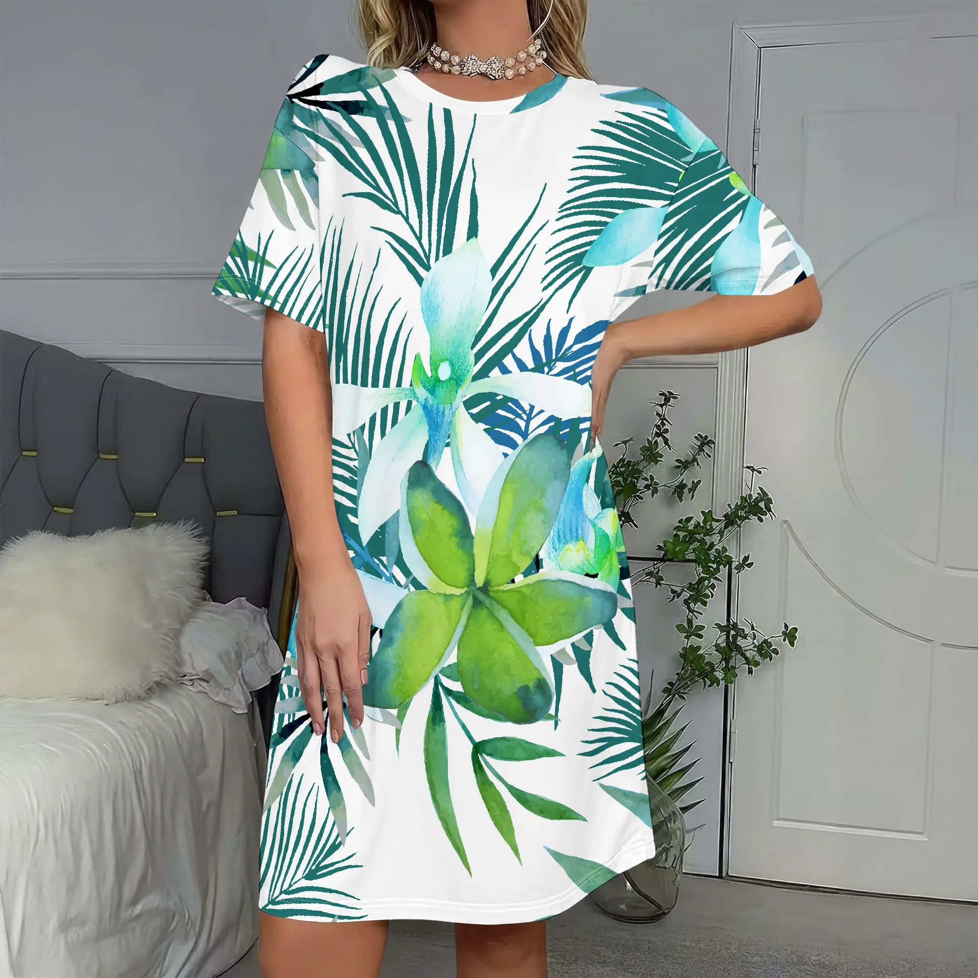 

Tropical Leaf Print, Short Sleeve T-Shirt Dress, Summer Floral Mini Dress, Vacation Beach Sundress, Casual Loose Fit, S-2XL