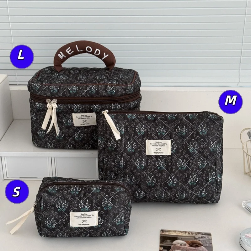 YT Corduroy High-End Large-Capacity Portable Dirt-Resistant Handheld Toiletry Storage Bag Dark-Toned Wall Flower Makeup Bag