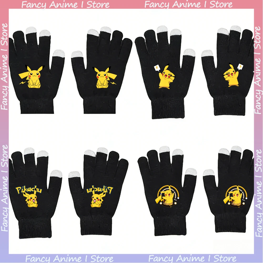 قفازات محبوكة لطيفة على شكل رسوم متحركة بيكاتشو تعمل باللمس للأولاد والبنات في الهواء الطلق لركوب الدراجات في الشتاء الدافئ للأطفال إكسسوارات هدايا