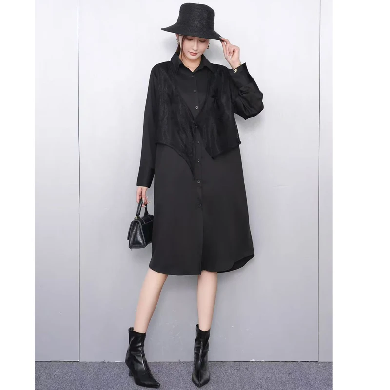 2025 Herfst Elegante Vrouwen Losse Casual Retro Patchwork Shirts Lange Jurken Vrouwelijke Lange Mouw Jurk Groothandel J2062