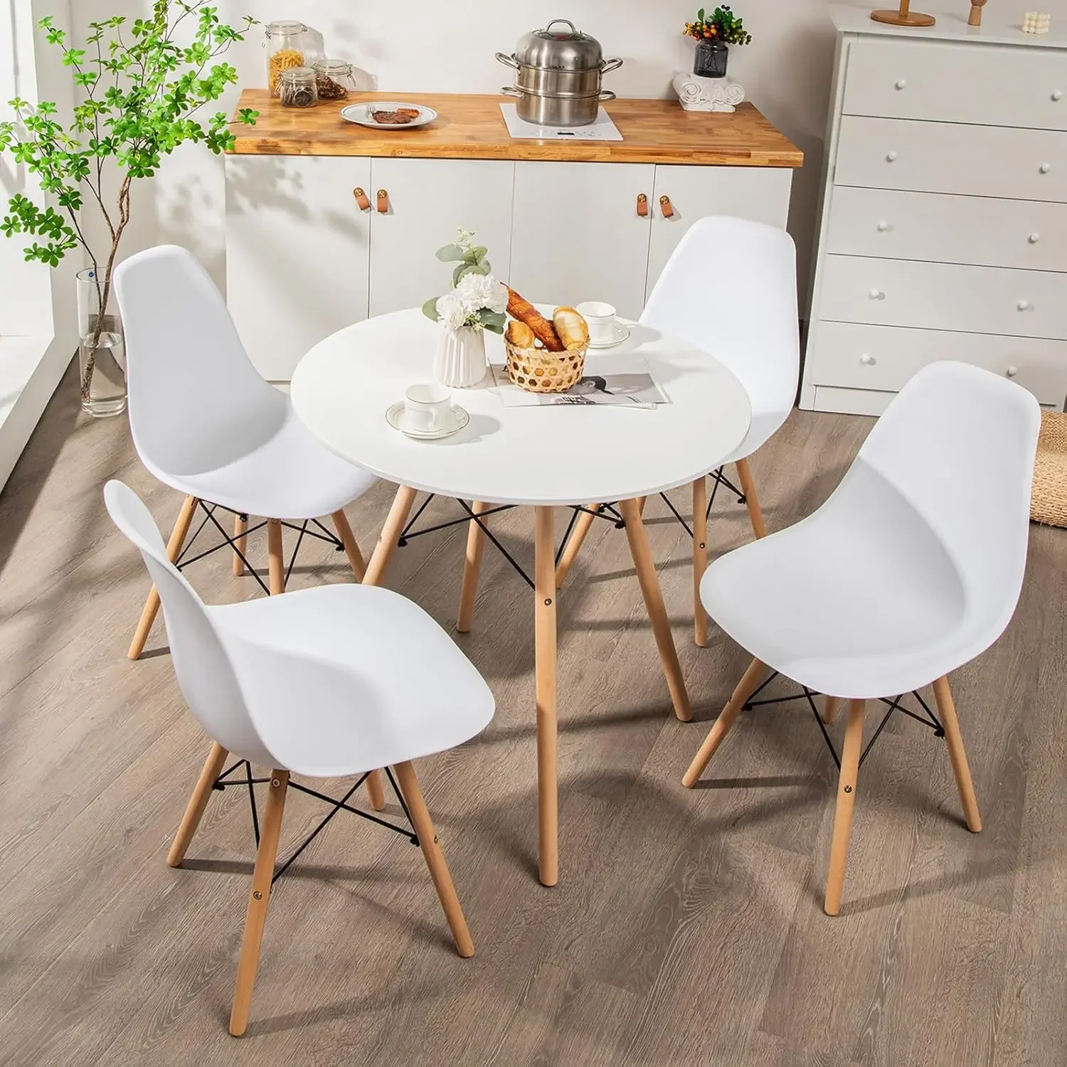 Round KitchenTable andChairs Setof 4 with Ergonomic Seat Solid Wood Legs, 5-Pieces Modern Dining Set for Kitchen and Living Room